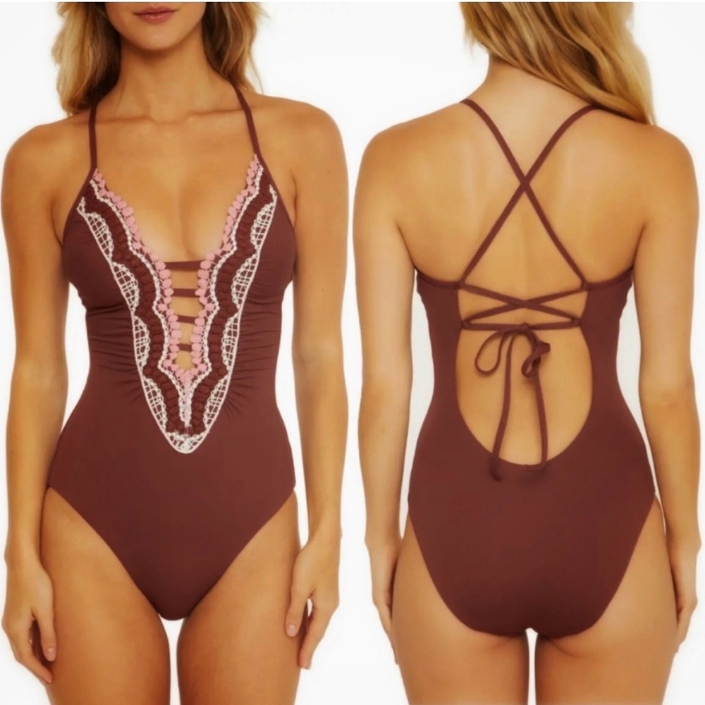 Becca by Rebecca Virtue Delilah plunge neck crochet one-piece swimsuit